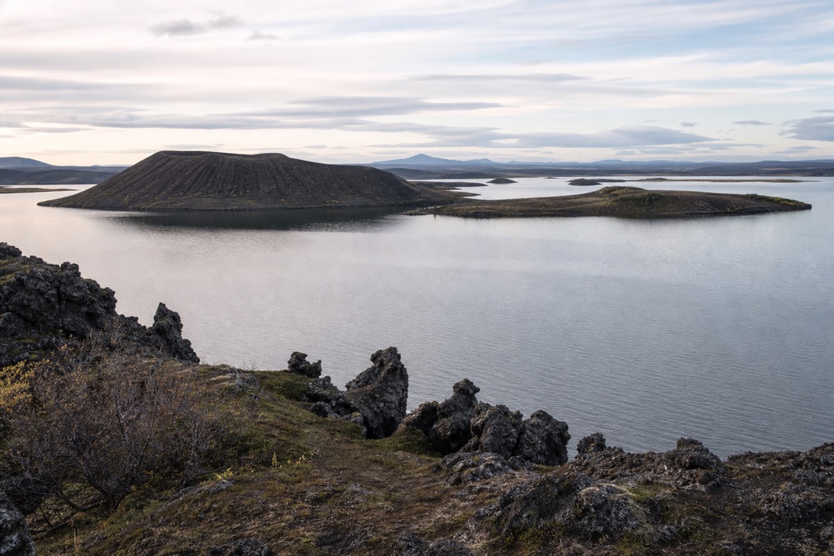 Volcanic shoreline of Lake Mývatn in North Iceland seen on geothermal tours in Iceland