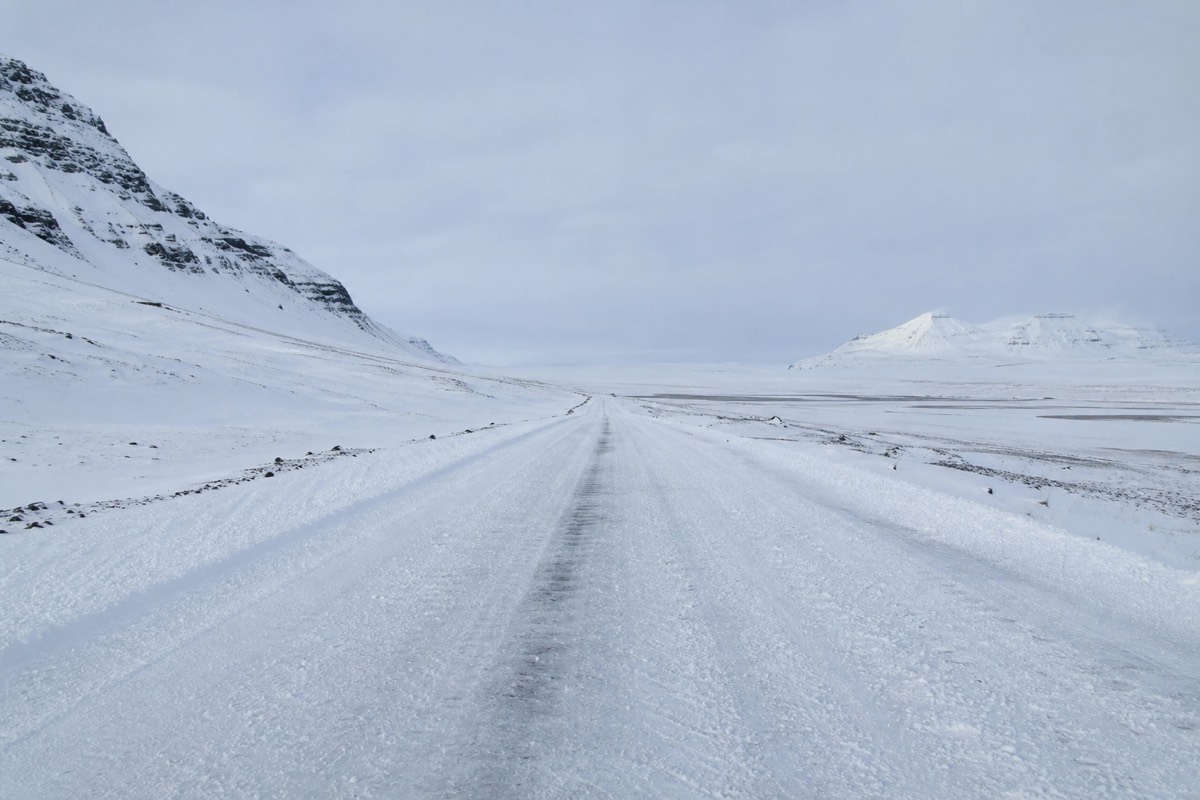 A snow-covered stretch of the Ring Road in winter showing conditions on an Iceland guided tour