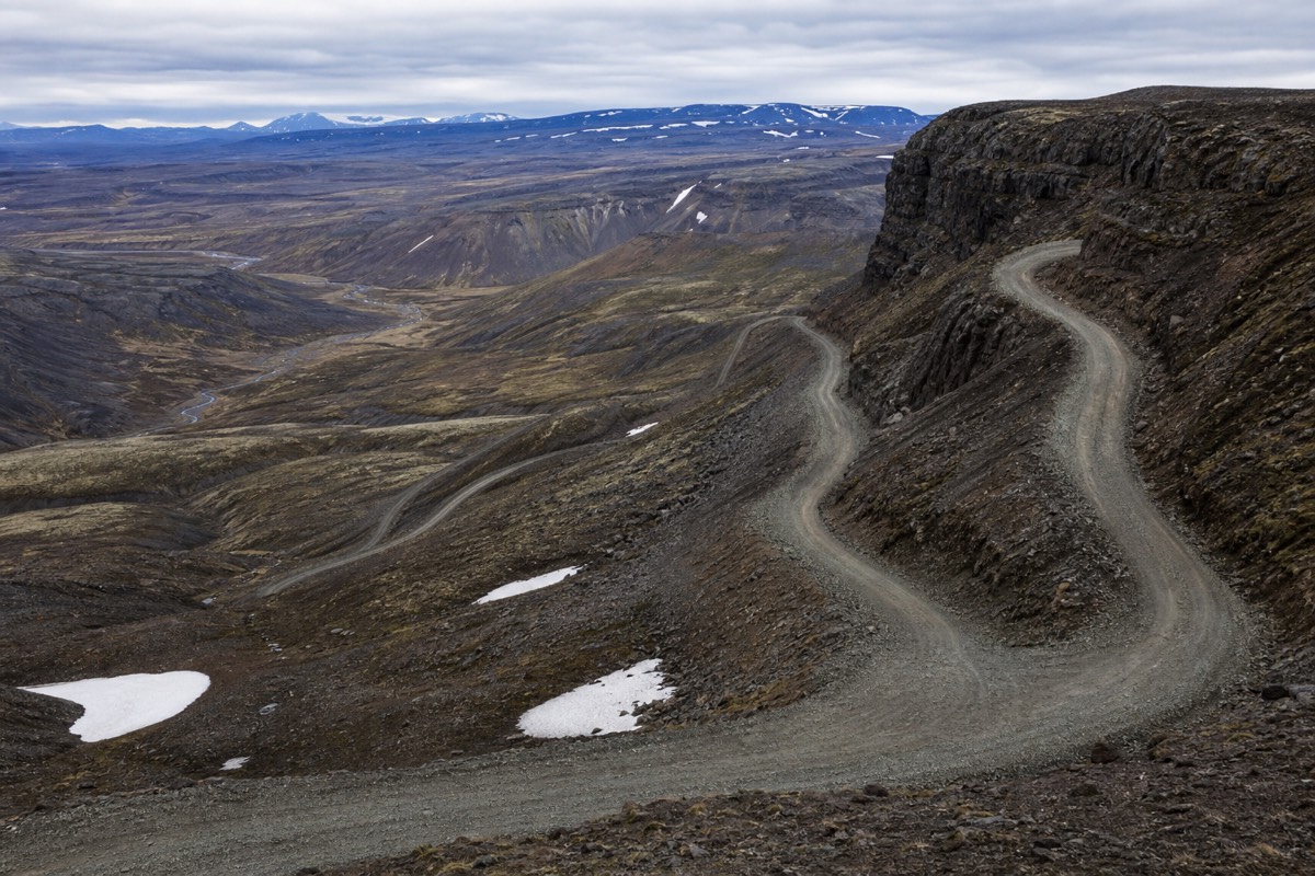 Aerial view of a mountain road in North Iceland on the Diamond Circle route
